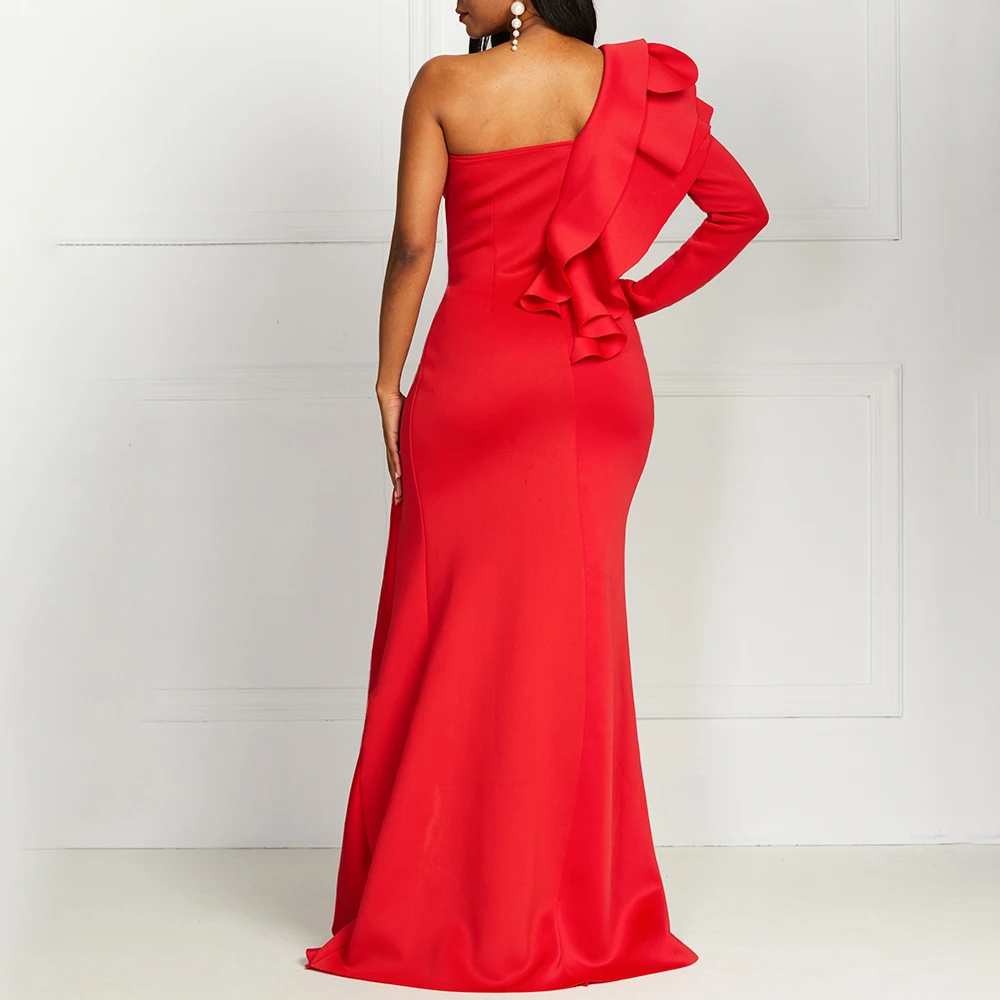 Элегантные вечерние платья в африканском стиле, сексуальные винтажные женские длинные платья, большие размеры, на одно плечо, без бретелек, с разрезом, с оборками, женское платье макси красного цвета
