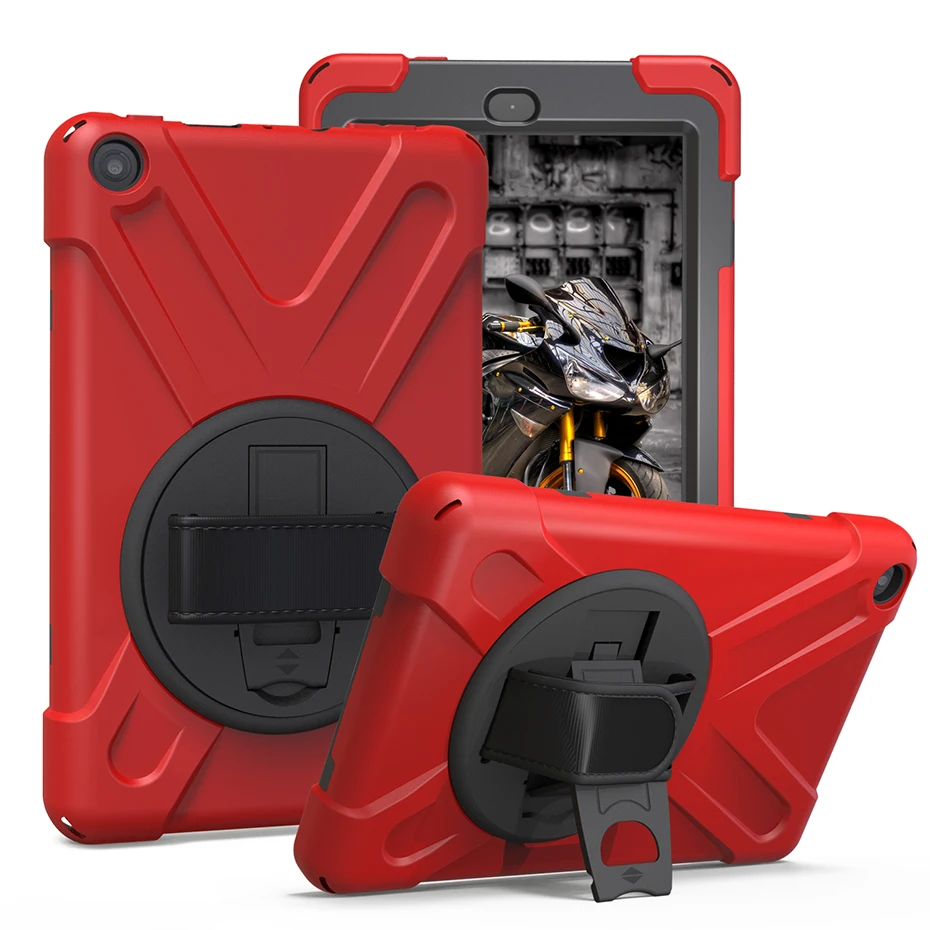 

360 Rotating Kickstand Case for Amazon Kindle Fire HD 8 2017 2018 HD8 Hand Strap Shockproof Soft Silicone Protective Case Cover