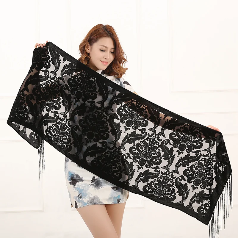 2017 New 10 Color Floral Print Long Scarf Winter Burnout Velvet Shawl ...