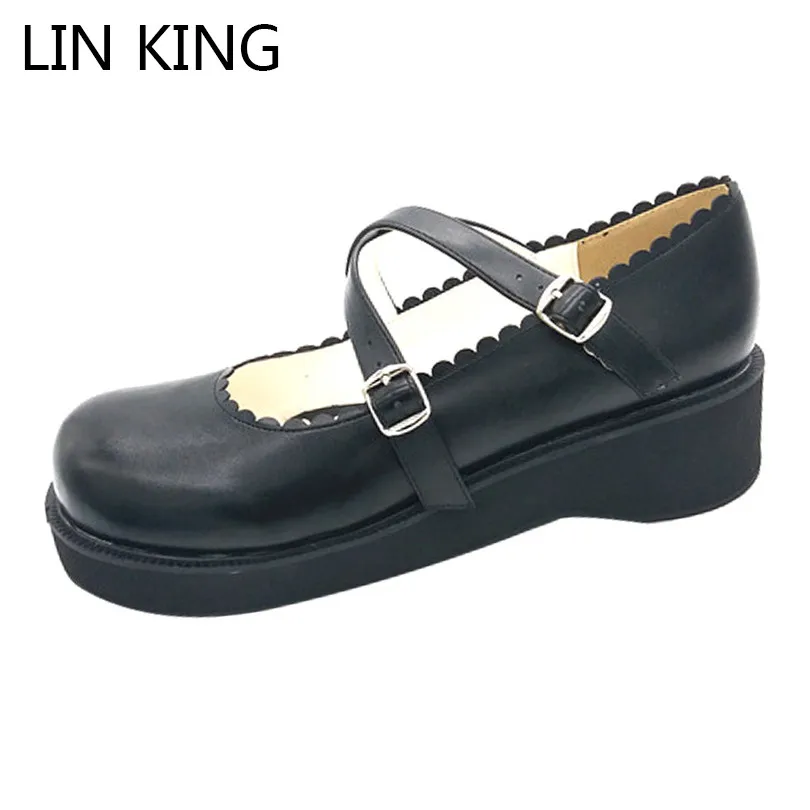 LIN KING New Big Size Mary Janes Women Pumps Round Toe Buckle Lolita
