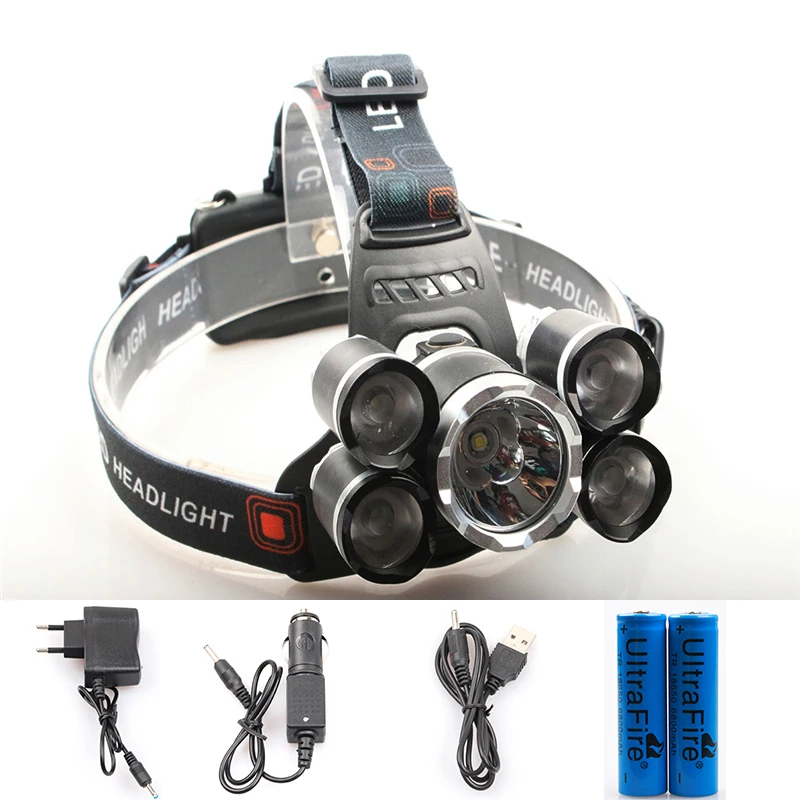 

NEW 15000Lm XML T6 5 LED Headlight Headlamp Head Lamp Light 4 mode torch 2x18650 battery Car charger for fishing