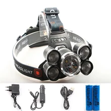 NEW 15000Lm XML T6 5 LED Headlight Headlamp Head Lamp Light 4 mode torch 2x18650 battery Car charger for fishing