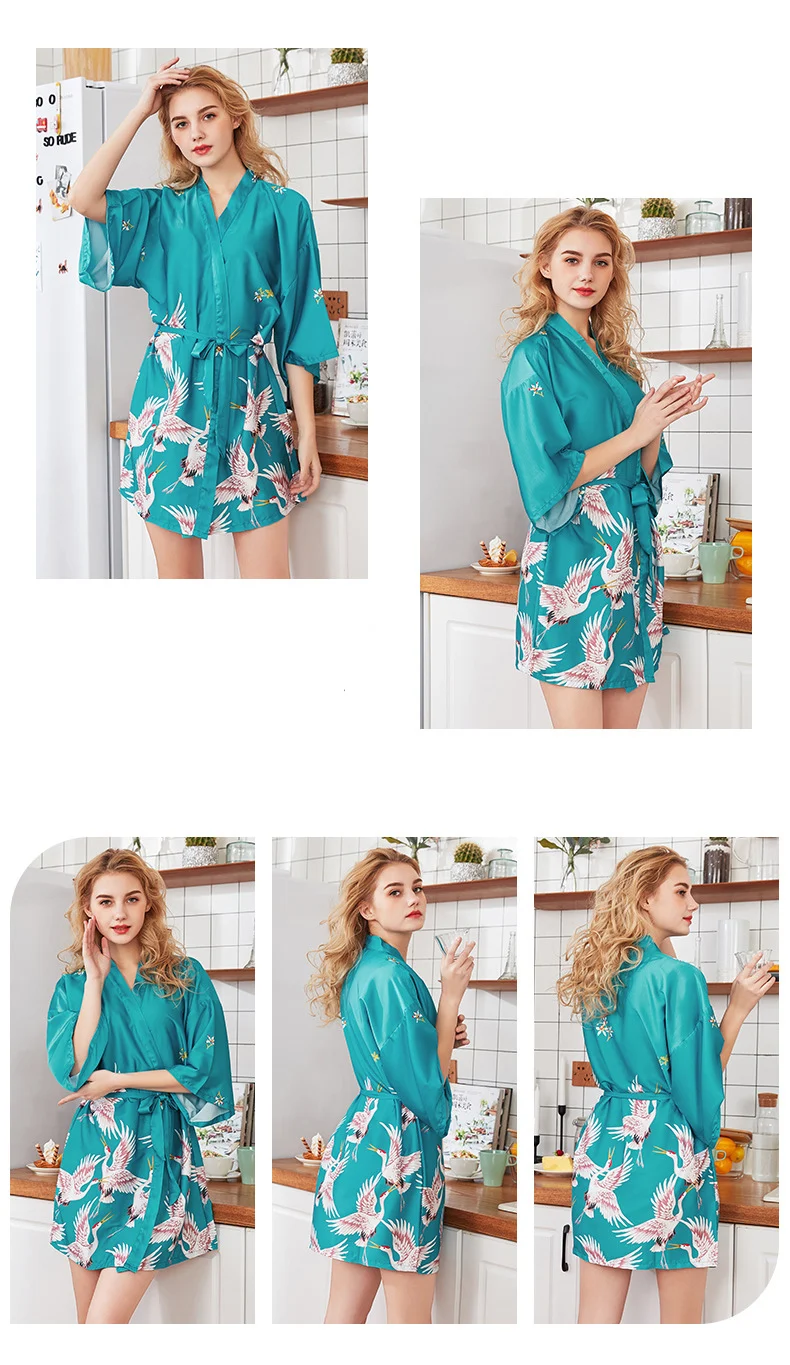 Women's Exquisite Mini Kimono Robe Cyan Model Display