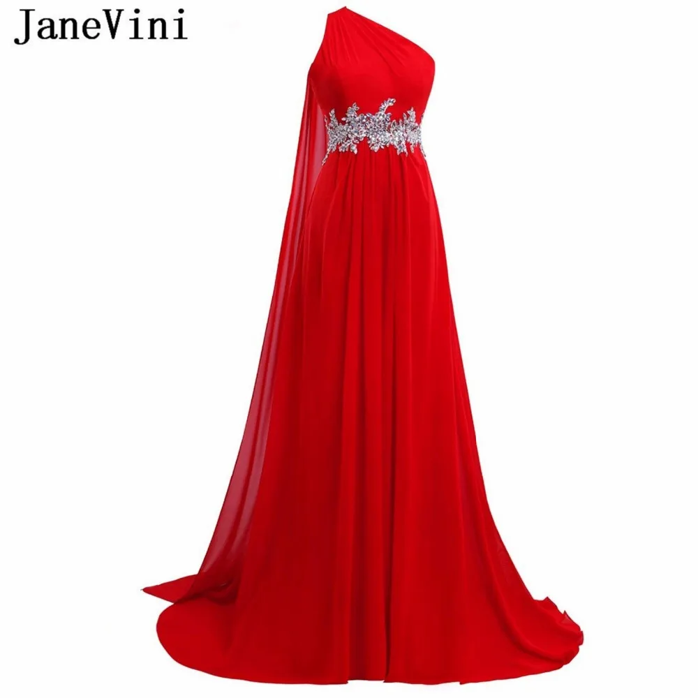 

JaneVini Red Chiffon Long Bridesmaids Dresses with Lace Appliques Crystals One Shoulder Backless Sweep Train Maid of Honor Gowns