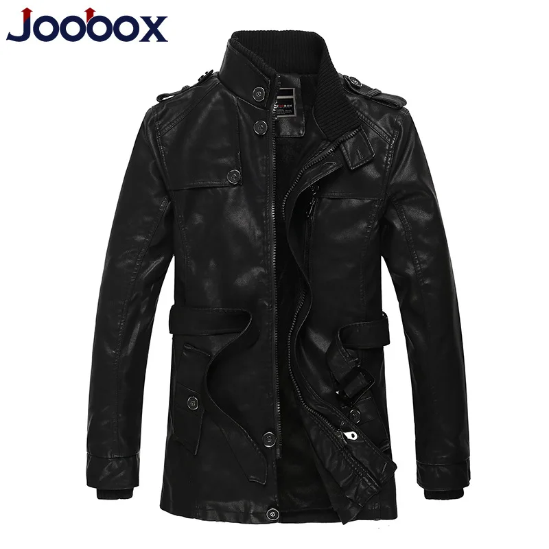 Бренд JOOBOX 2017 модная Длинная зимняя кожаная куртка для мужчин тонкая теплая