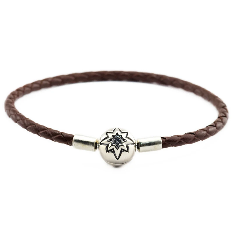 

New Fashion Coffee Leather Bracelets Chain Authentic 925 Sterling Silver Clasp DIY Suitable For European Beads And Charms
