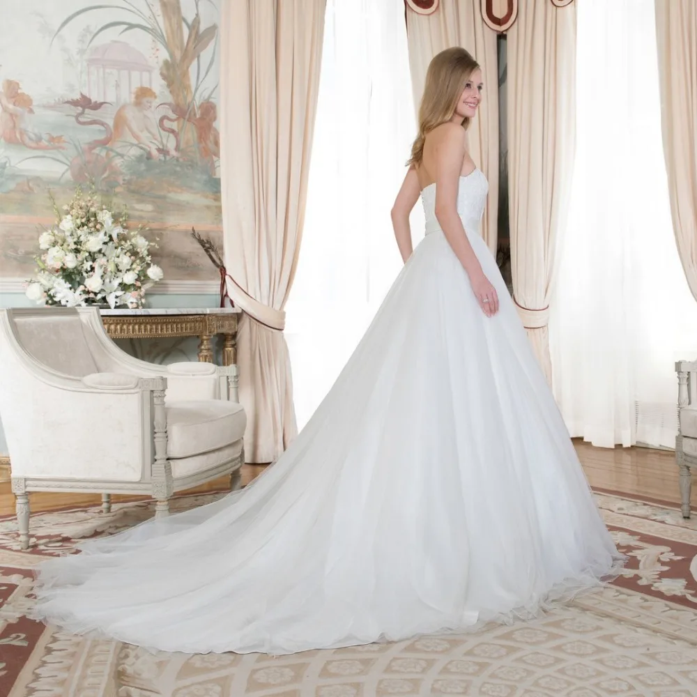 Vestido de noiva 2015 New Arrival Fast Shipping Appliques Crystals Bridal Gown Cathedral Train