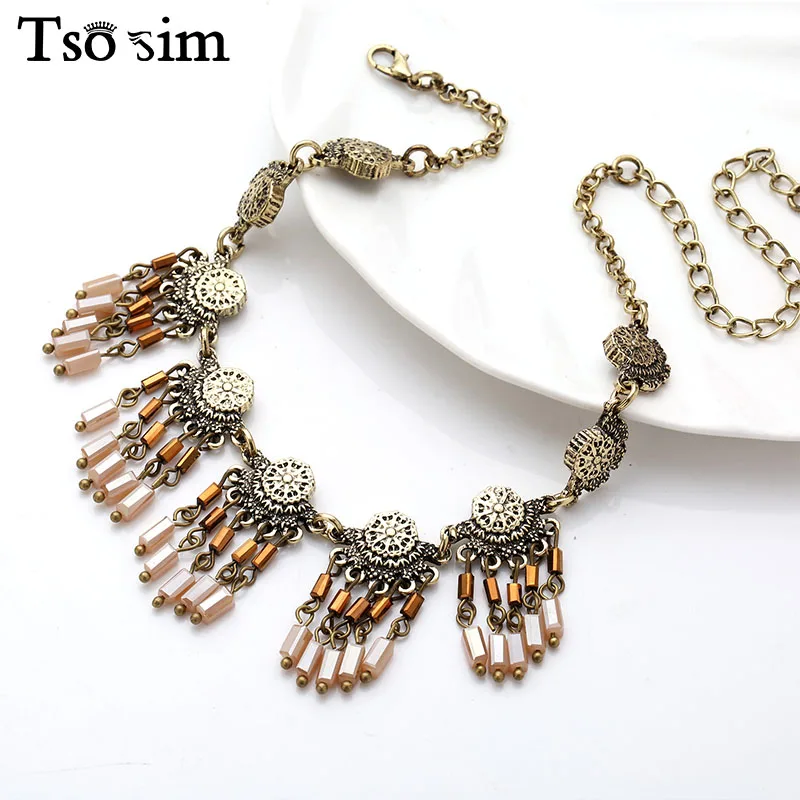 Ethnic Jewelry Choker Necklace Tassel Resin Beads Bohemia Carved Flower
