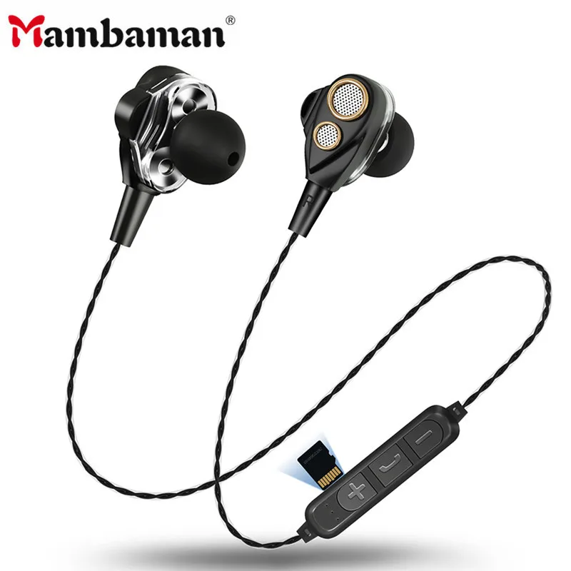 Mambaman HIFI Bluetooth наушники двойные динамические беспроводные наушники стерео Бас Звук поддержка SD карта с микрофоном для мобильного телефона