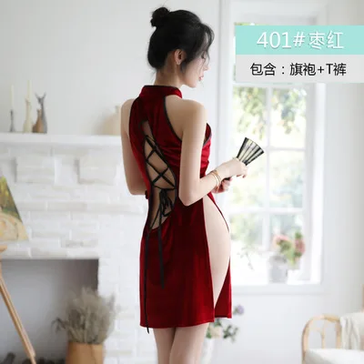 Новое сексуальное женское белье Тонкий cheongsam С Боковым Разрезом бархатное платье с открытой спиной с перекрестными лямками Удобная пижама ночная рубашка костюм - Цвет: Красный