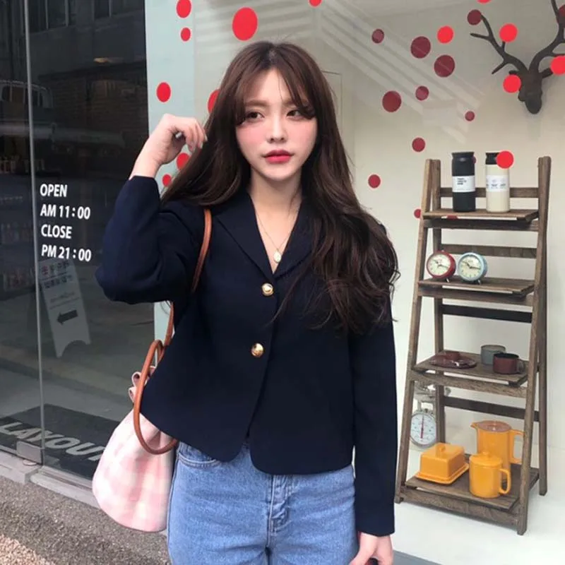 

Women Short Coat Long Sleleve Single Loose Turn Down Collar Korean Harajuku Kawaii Janpan Casual Femme