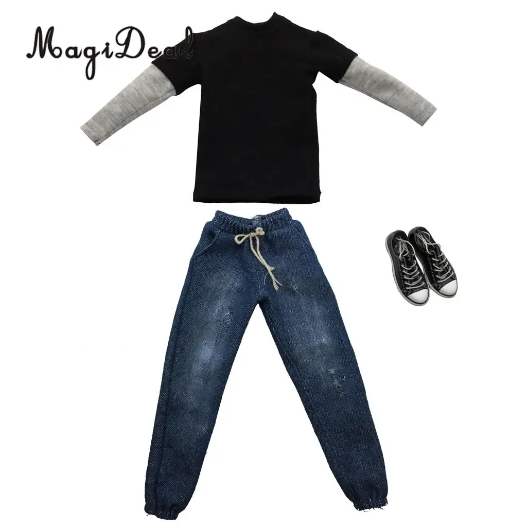 MagiDeal Cloth 1/6 Scale Mens Clothes Dark Gray Long T-shirt Denim Jeans Canvas Shoes Set for 12 Inch Male Action Figures Body