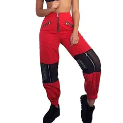 Женские брюки с высокой талией узкие теплые сетчатые свободные хип-хоп брюки черные эластичные брюки на молнии
