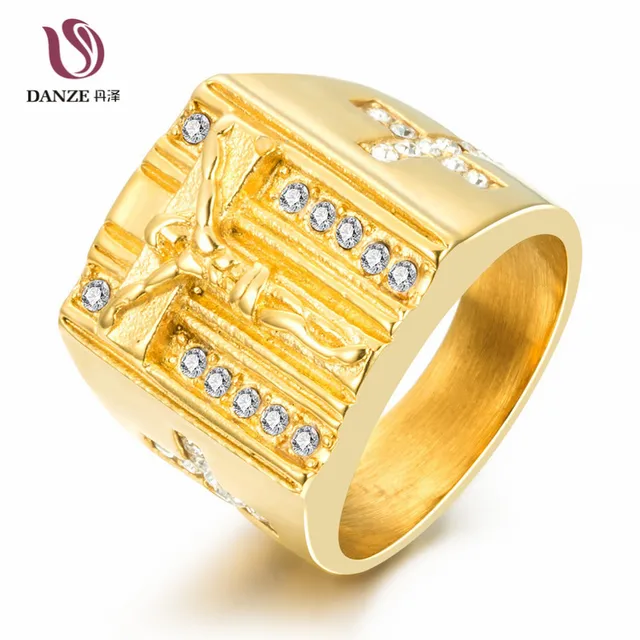 DANZE Jesus & Cross Mens Signet Rings Square Gold Color Crystal