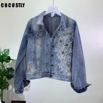 

autumn jackets women fashion Heavy beading three-dimensional flower hole denim jacket female basic Jeans jacket short jacket