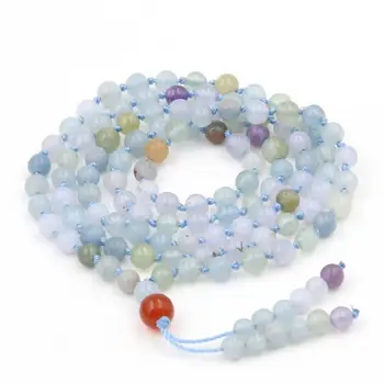 

Hand Knotted Yoga Energy Mala Fine 4.5mm Natural Blue Chalcedony Beads Bracelet Fashion Female Meditation 108 Necklace Jewelry