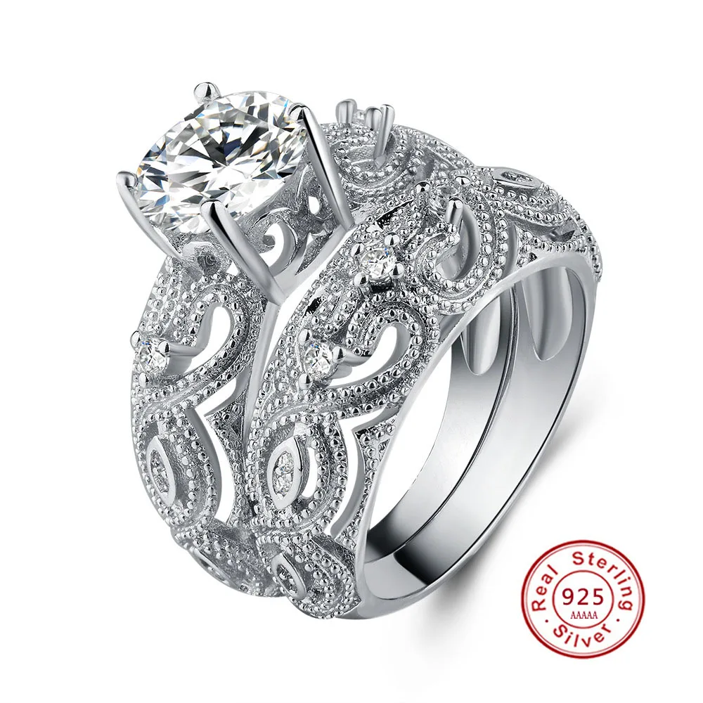 Luxury Brand Fashion 925 Sterling Silver Bridal Set Ring for Women with Paved Micro Hollow-out Zircon Crystal Wedding Jewelry