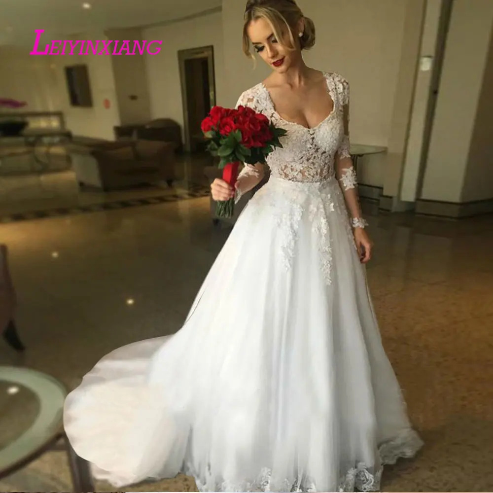 

LEIYINXIANG 2019 Wedding Dress Sexy A-line Bride Gown Vestido De Noiva Backless Natural Luxury Appliques Sweetheat Lace Princess