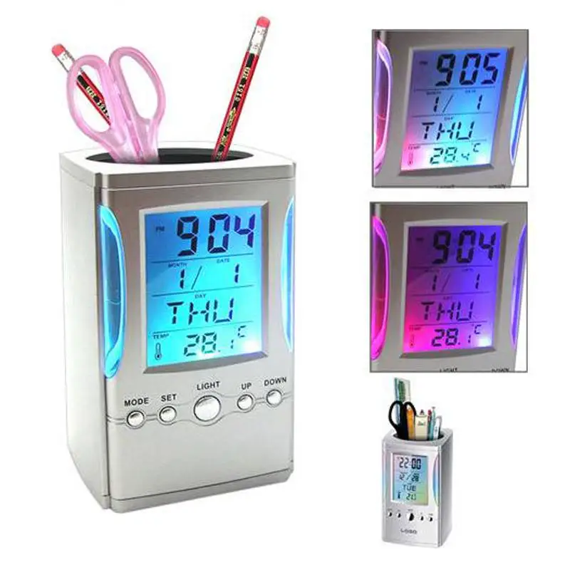 

Creative Pencil Holder Multifunctional Digital LCD Clock Time Alarm Temperature Calendar Pen Holder Stationery Office Supplies