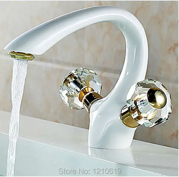

Newly US Free Shipping White Painting Baked Bathroom Basin Sink Faucet Mixer Tap Dual Crystal Handles Deck Mounted