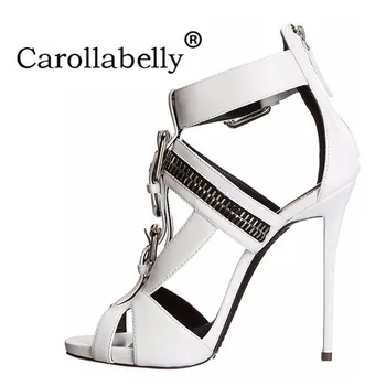 

2019 New Summer Peep Toe Women Sandals Metal Buckle Zipper Punk High Heels Shoes Thin Heel Party Women Sandalias Big Sizes 34-46