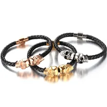 Wholesale Cute jewelry Silver rose Gold Skull Heads Stainless Steel Bracelets Black Genuine Leather Rope Hand Chain Mens Bangles