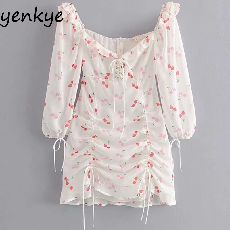 

2019 Women Sweet Cherry Print Drawstring Drap Bodycon Mini Sexy Dress Romantic Lady Lace Up V Neck Long Sleeve Summer Dress