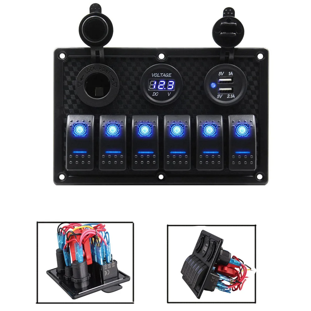 6 Gang Boat Car Rocker Switch Panel Digital Voltage 12V Cigarette Light with LED USB Charger Port 3.1A | Автомобили и мотоциклы