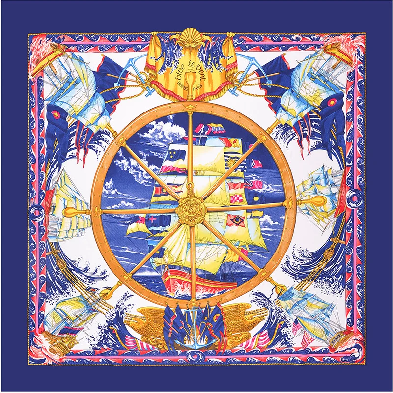 

European Summer large silk scarf women 100%twill silk square scarfs sailboat print scarf for ladies shawl neckerchief neck scarf