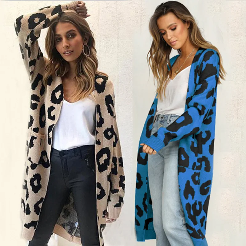 

Ursohot Autumn Winter Leopard Print Knitted Long Cardigan Women 2018 Casual Style Pocket Open Stitch Sweater Tops Outwear Jumper