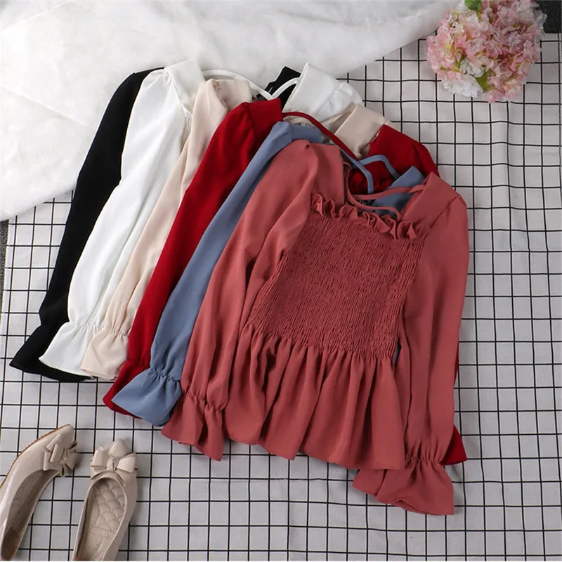 2019 جديد المرأة الصيف بلوزة شيفون مثير التعادل الكشكشة البلوزات الإناث ضئيلة الصلبة طويلة الأكمام قمصان قصيرة قاع قمم AB1372