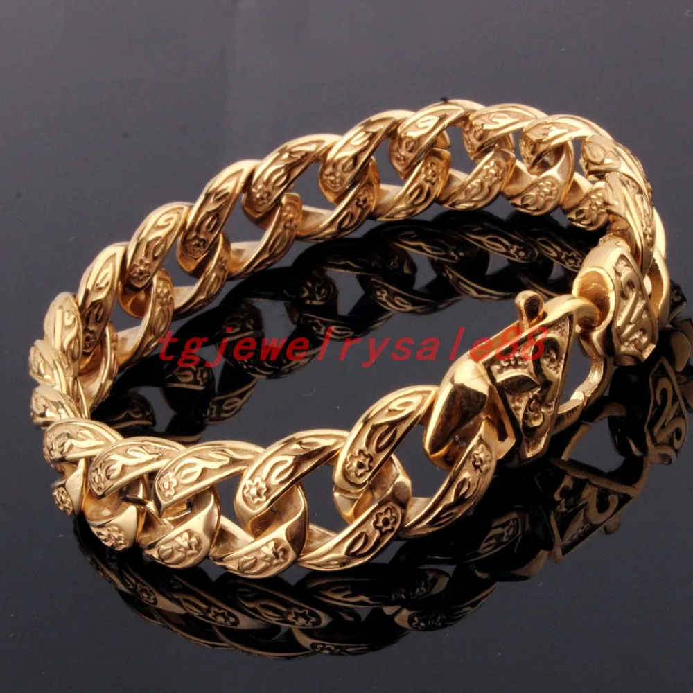 

Popular Biker Men's 15mm Wide Gold Color Stainless Steel Curb Cuban Link Chain Casting Bracelet Jewelry Flower Clasp 9"