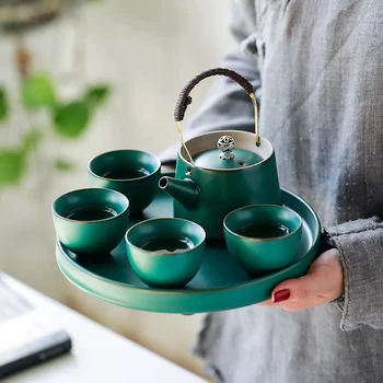 

Japanese style Tea Set kongfu drinkware : tea pot +4 tea cup +1 tray green black white color