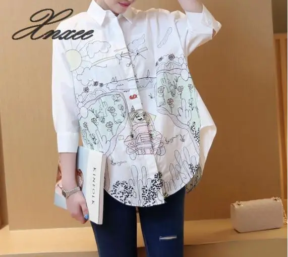 جديد الربيع و الصيف المرأة فضفاض قميص أبيض مطرز طويل بلوزة الكرتون الكتابة على الجدران الأزياء
