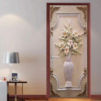 

3d Door Sticker Canvas Print Vintage Relief Vase Picture Self Adhesive Waterproof Creative Home Decoration Canvas Paste Artwork