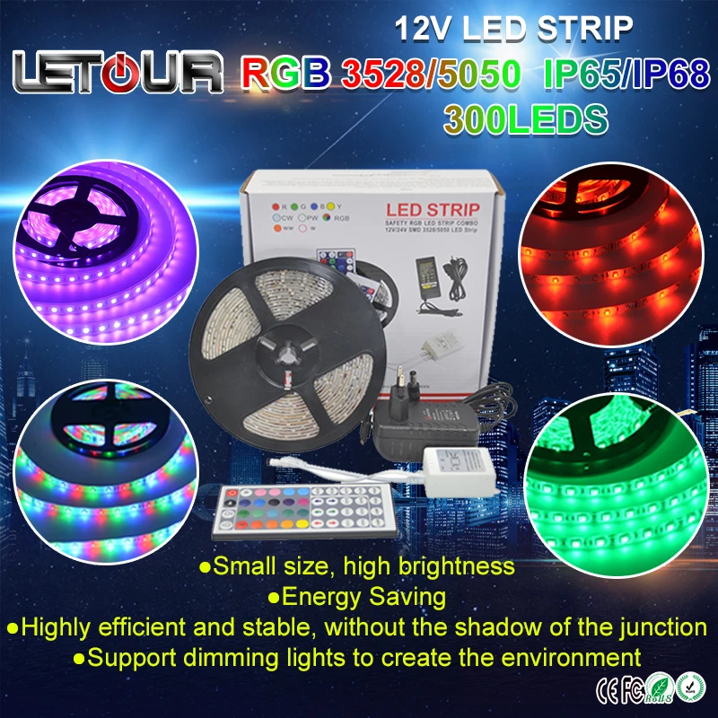 RGB LED Strip Waterproof DC 12V SMD 5050 3528 60 pcs/m LEDs Light