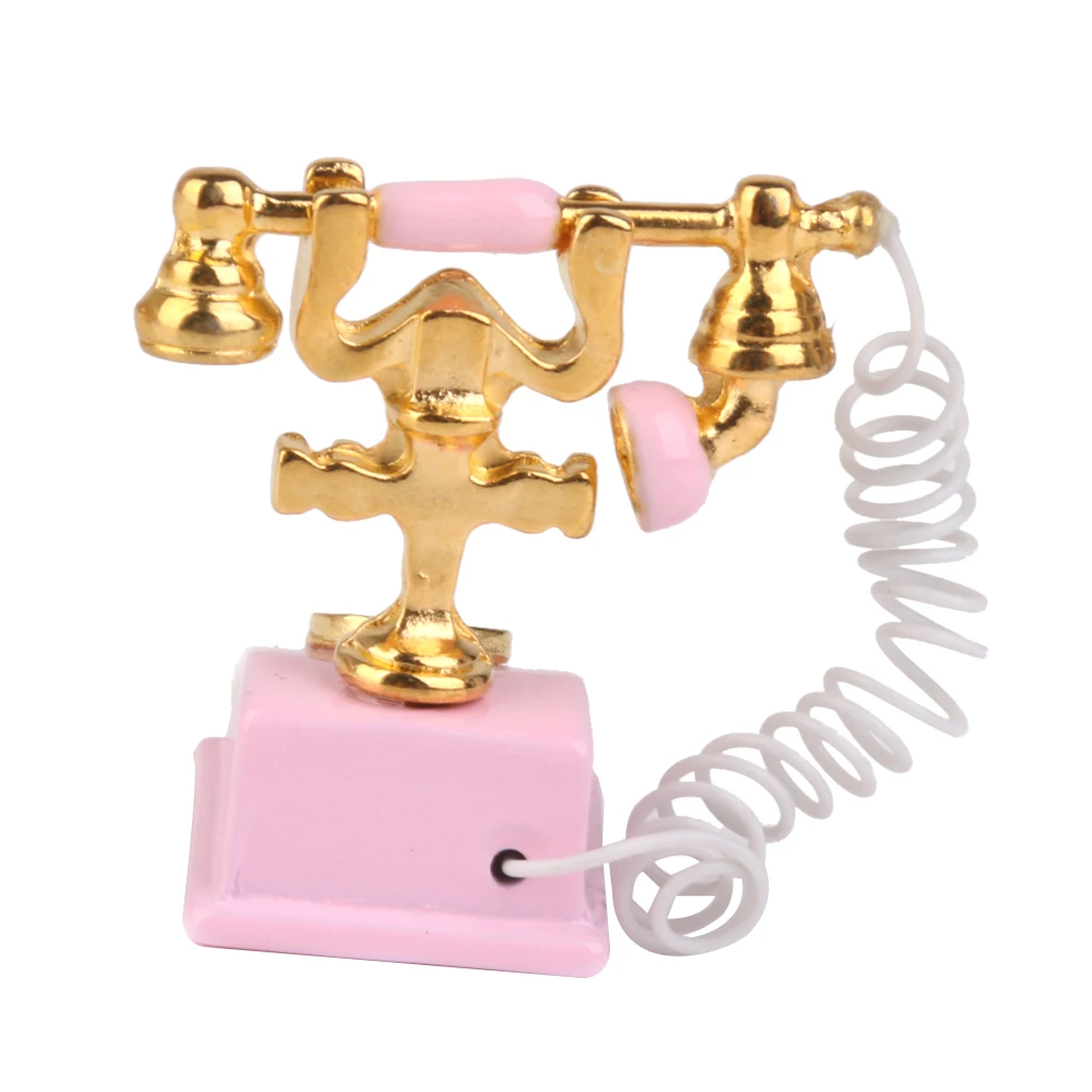 1/12 Retro Phone Pink Vintage Desk Telephone Dollhouse Miniature Simulation Toy