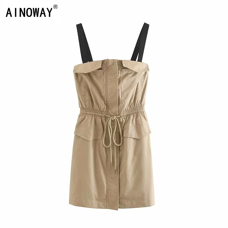 

Vintage chic women lace-up Drawstring sleeveless Military Strap dress Ladies Summer cotton Mini Boho dress vestidos