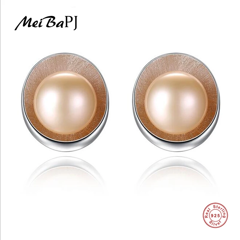 

[MeiBaPJ] Real Freshwater Pearl Round Shell Shape Stud Earrings Real 925 Sterling Silver Fashion Earrings for Women SY