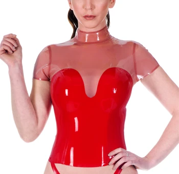 

New arrival Latex Rubber Short Sleeves Shirt Rubber Patchwork Top Costumes Transparent Pink With Red