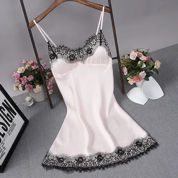 

Women Sleep Lounge Sleepwear with Chest Pads Satin Sexy Ladies Nightgown Silk Night Dress Elegant Lace Home Dress Clothes