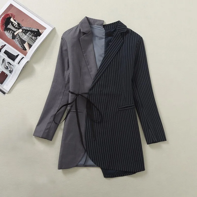 Long Blazer TWOTWINSTYLE лоскутный блейзер для женщин Полосатый на шнуровке туника с длинным рукавом ассиметричное пальто Женская Летняя мода OL одежда - Цвет: Long Blazer