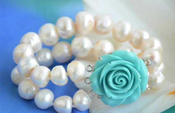 

free shipping 01222 2row 8" white baroque freshwater cultured pearl bracelet