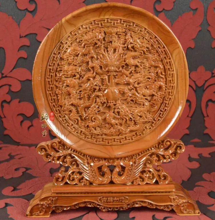 

14" China peach wood table screen carved fine nine dragon two phoenix Statue
