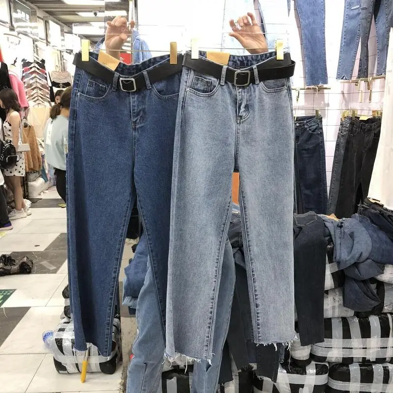 Новые осенние Высокая Талия заусенцев Для женщин прямые брюки корейский Vogue Повседневное джинсовые брюки женская мода женские
