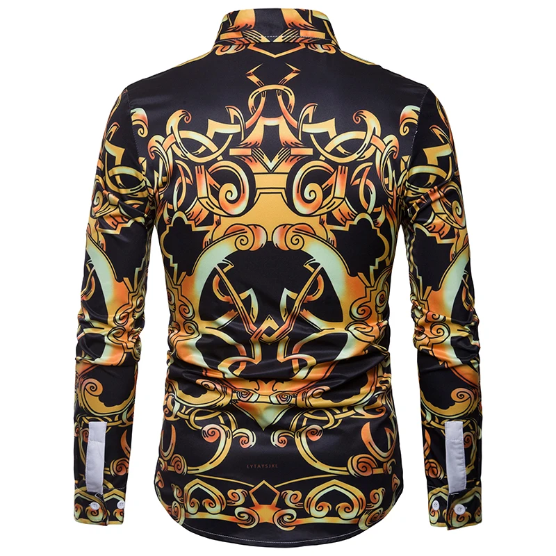 Luxury Design Gold Floral Print Men's Dress Shirts 2018 Brand New Slim Fit Long Sleeve Shirt Men Casual Stylish Chemise Homme