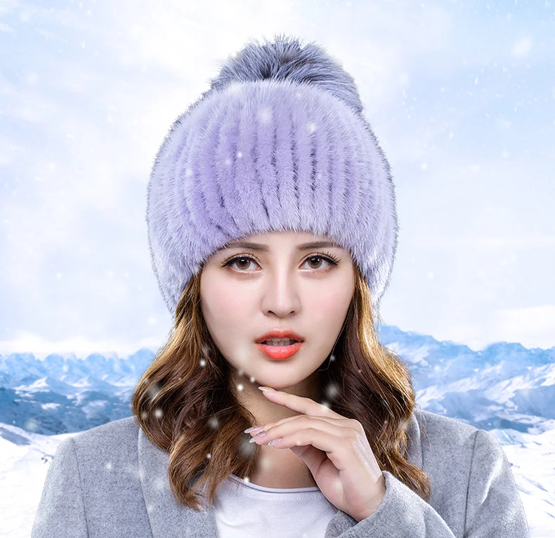 Winter hats Real Mink Fur Fat For Women Knitted Natual fur Beanies Female Thick Warm With Hat Fox Fur Pompom RC1349 (1)