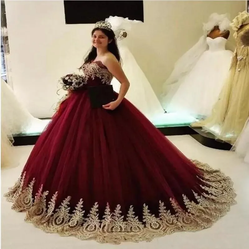 Бордовые платья Quinceanera длинное платье на выпускной Вечерние Тюль Золотые Аппликации бальное платье для выпускного вечера Sweet 16 платья vestidos de 15 anos