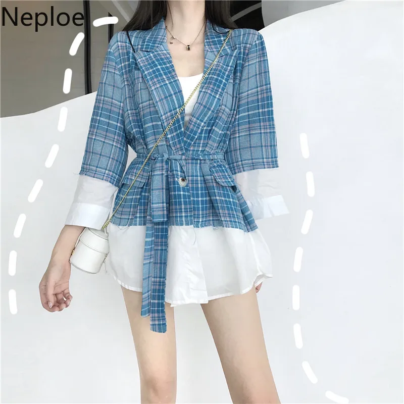 

Neploe Plaid Patchwork Blazer Coat Three Quarter Sleeve Notched Jacket 2019 Autumn Women Elegant Blazers with Belt 53841