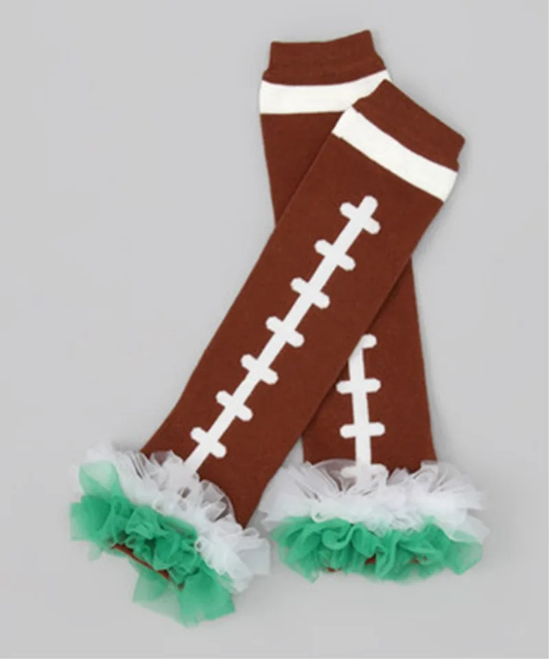 Football Leg Warmers with White and Green Ruffle, Ruffled Leg Warmers